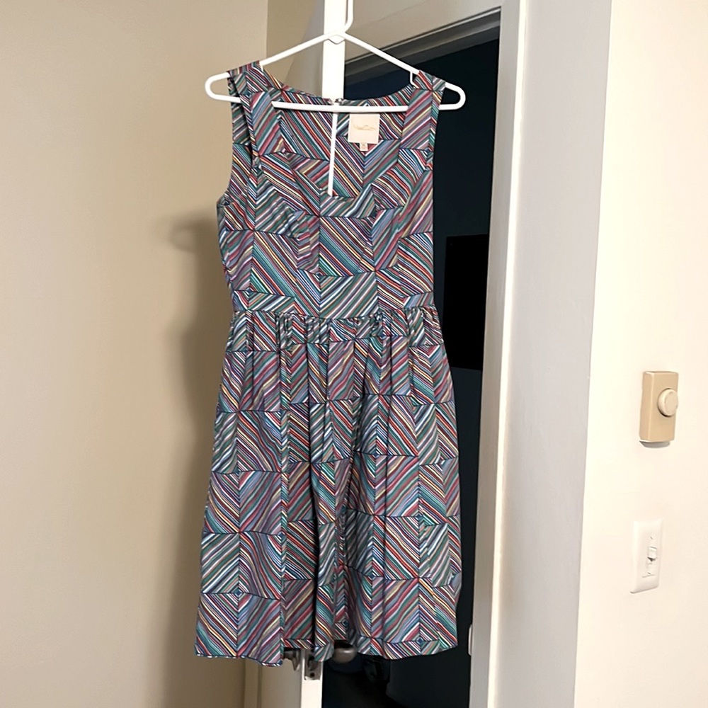 ModCloth mid-thigh dress, medium. Rainbow, geometric pattern. Good condition.
